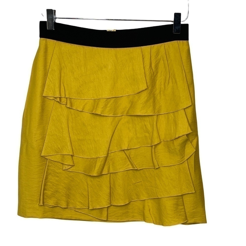 BCBGMaxAzria Mustard Layered Skirt Black Elastic Waist Lined Side Pockets Sz 0